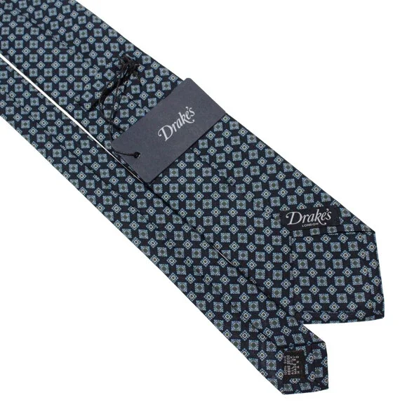 Drake's NWT Neck Tie in Navy with Light Blue/White Geometric Pattern 100% Silk